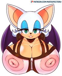 1girls alternate_breast_size anthro bat big_breasts breasts bust bust_style cleavage clothing female female_only furry furry_only green_eyes huge_breasts large_breasts mammal matospectoru nipple_bulge rouge_the_bat sega solo sonic_(series) video_games white_fur white_hair