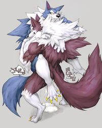 2019 absurdres canid canine canis capcom captainjohkid cum dark_talbain darkstalkers duo fur gallon highres japanese_text jon_talbain male male_only mammal muscular muscular_male nude pecs text translation_request vampire_savior were werecanid werecanine werewolf wolf yaoi