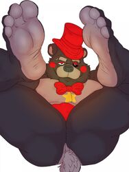 animatronic anthro ass barazoku barefoot bonicfan123 bow_tie bulge close-up clothing feet five_nights_at_freddy's flufflecraft fur half-closed_eyes hat headgear headwear lefty_(fnaf) looking_at_viewer lying machine male male_only mammal muscular muscular_male nude on_back pecs presenting presenting_hindquarters raised_leg robot smile solo solo_male thick_thighs top_hat underwear ursid video_games