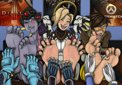 2d 3girls 5_toes ass barefoot big_feet blizzard_entertainment blonde_hair blue_gloves blue_skin blue_toenails blush breasts brown_hair crossed_feet crossover crying d.va dazidentevil diablo eyewear feet female foot_fetish foot_focus goggles halo hi_res highres laugh laughing mei_(overwatch) mercy overwatch purple_hair soles text tickling tickling_feet toes tracer visor white white_gloves widowmaker yuri zarya