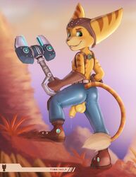 ass balls bulge casual clothing flaccid footwear furry glistening handwear headwear hi_res humanoid_penis lombax male male_only mammal nipples penis ratchet_(ratchet_and_clank) ratchet_and_clank ratchetandclank solo tight_outfit tobbywolf uncut video_games weapon