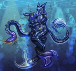 air_hose anthro duo floating kronas male marine mermaid_suit ravensflock rubber scalie stroking water xayr