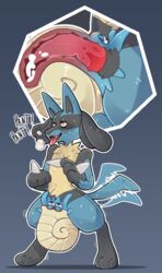 1boy 2019 ambiguous_gender anthro canine cum cum_in_mouth cum_inside duo ejaculation erection feet fellatio feral feral_only fossil_pokémon fur furry heavy_breathing interspecies larger_male living_condom lucario male male_only mammal nintendo nude omanyte oral paws penis pokemania pokemon pokemon_(species) pokemon_dppt pokemon_rgby size_difference standing sweat tailwag text thick_thighs tongue video_games x-ray