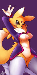 2019 anthro areola big_breasts black_sclera blue_eyes breasts claws clothed clothing cosplay digimon digimon_(species) female fur looking_at_viewer mammal nipple_piercing nipples piercing pussy pussy_juice renamon simple_background smile solo sruto stockings tongue yellow_fur