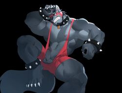 2019 abs anthro balls biceps canid canine canis clothing erection fur hi_res humanoid_penis male male_only mammal muscular muscular_male nipples pecs penis rollingstoneeeeee simple_background solo wrestling_singlet