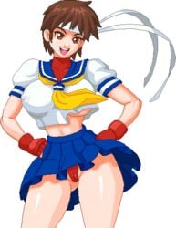 ass_visible_through_thighs bloomers blue_skirt brown_eyes brown_hair buruma cameltoe ear fingerless_gloves gloves hands_on_hips headband midriff nipples nipples_visible_through_clothing pantyshot pixel_art sakura_kasugano school_uniform seifuku short_hair skirt smile street_fighter street_fighter_alpha thick_thighs transparent_background underboob undershirt warnerc white_topwear