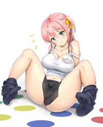 1girls artist_request blue_eyes bra breasts clothed clothed_female female female_only midriff nervous non-nude pink_hair sitting skirt socks solo spread_legs tagme twister undressing