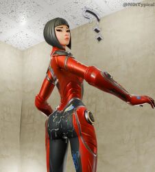 athletic_female b.r.u.t.e_gunner black_hair clothed female fortnite latex_bodysuit looking_at_viewer nottypical rogue_gunner solo_female