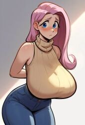 1girls ai_generated arms_behind_back bare_shoulders big_breasts blue_eyes blush blushing_at_viewer breasts clothed clothes clothing eyebrows eyelashes female female_only fluttershy_(mlp) friendship_is_magic fully_clothed hasbro hips huge_breasts human human_only humanized ilya_efimov jeans large_breasts looking_at_viewer my_little_pony personification pony_diffusion_xl simple_background sleeveless sleeveless_turtleneck solo solo_female stable_diffusion thick thick_thighs thighs top_heavy turtleneck wide_hips