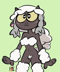 1girls :3 black_fur breasts female female_only furry nintendo nude p33ls pokemon pokemon_(species) pokemon_ss pubic_hair sheep simple_background smile watermark wooloo