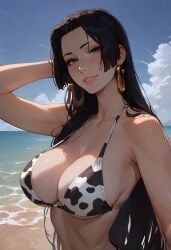 ai_generated artist_name bikini bikini_top boa_hancock brasao cow_bikini cow_print cowkini female female_only looking_at_viewer one_piece pov selfie_pose sky smile