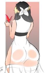 1girls ass_focus big_ass black_hair butterfly clothed_female dress female female_focus female_only first_porn_of_character first_porn_of_franchise long_hair mitsuko_(once_human) once_human red_butterfly thick_thighs white_dress