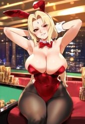 1girls ai_generated armpits arms_behind_back arms_up big_breasts blush breasts bunny_ears bunnysuit casino looking_at_viewer naruto naughty_smile owner_(artist) pantyhose sitting smile solo tagme thick_thighs thighs tsunade