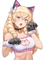 1girls animal_ears animal_hands arm_garter bell black_choker black_gloves blonde_hair blush bow bra breasts cat_ears cat_lingerie choker cleavage_cutout clothing_cutout collarbone earrings fake_animal_ears female female female_only fire_emblem fire_emblem_awakening frilled_bra frills gloves hairbow head_tilt highres jewelry long_hair looking_at_viewer maribelle_(fire_emblem) medium_breasts meme_attire neck_bell nintendo open_mouth paw_gloves paw_pose quad_tails simple_background solo stud_earrings sweatdrop underwear upper_body white_background white_bow white_bra yellow_eyes zero_a