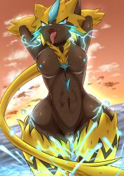 anthro beach black_body blue_eyes breasts chest_tuft cloud electricity felid feline female fur generation_7_pokemon genitals hands_behind_head hi_res legendary_pokemon looking_at_viewer mammal multicolored_body multicolored_fur nintendo nipples open_mouth pokemon pokemon_(species) pussy solo sunset tail thick_thighs tongue tongue_out tuft water whiskers wide_hips yellow_body yellow_fur zeraora zerrymon