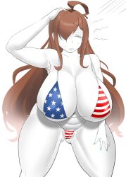 american_flag_bikini artist_request brown_hair closed_eyes embarrassed facing_viewer huge_breasts kono_subarashii_sekai_ni_shukufuku_wo! massive_breasts thick_thighs wiz_(konosuba)