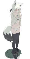 ahoge animal_ears black_eyes black_footwear black_ribbon black_thighhighs blush boots bra breasts female fox_ears fox_girl fox_tail full_body green_skirt hair_ribbon highres hololive kujira_pasta long_hair medium_breasts navel official_alternate_costume panties ribbon shirakami_fubuki shirakami_fubuki_(street) simple_background skirt solo standing sweat tail thighhighs underwear unworn_skirt virtual_youtuber white_background white_bra white_hair white_panties