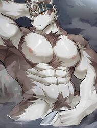 abs accessory anthro canid canine canis chung0_0 covering covering_crotch covering_self dripping fur genitals grey_body grey_fur hand_behind_head headband hi_res holding_object horkeukamui male male_only mammal muscular muscular_anthro muscular_male nipples nude partially_submerged pecs penis penis_base pubes solo tokyo_afterschool_summoners video_games water wet wolf yellow_eyes