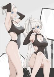 100wang 2girls blue_eyes female female_only gray_hair grey_hair large_breasts rwby tagme weiss_schnee white_hair winter_schnee