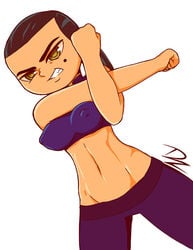 angry black_hair dzyer eva_(tdi) hazel_eyes midriff mole muscular nipple_bulge ponytail puffy_nipples sportswear stretching tan_skin total_drama_island