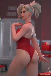 1girls 3d ass blonde_hair blue_eyes breasts female female_only looking_at_viewer looking_back mercy one-piece_swimsuit overwatch pinup ponytail solo swimsuit velocihaxor