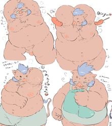 2019 anthro balls belly blush bottomwear buta5kawa closed_eyes clothing english_text gouryou hamuga86 heart hi_res humanoid_hands japanese_text male male_only mammal moobs navel nipples overweight overweight_male penis shirt shorts simple_background solo suid suina sus_(pig) text tokyo_afterschool_summoners topwear video_games white_background wild_boar