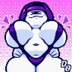 1_eye 1girls branchifnotequal bursting_breasts commissioner_upload cyclops female_only hair_ornament hairclip hands_on_hips headband huge_breasts navel octette_(octotron2000) pixel_art plump purple_eye purple_hair short_hair shortstack skindentation smug solo solo_female thick_thighs white_body wide_hips