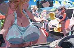 3girls 4girls blonde_hair car_wash fat_breasts huge_breasts magister_(bigbakunyuu) minami_aoba original pandora_smith pov shiratama_liliana tagme wet