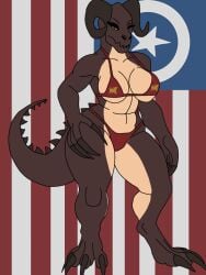 american_flag anthro anthro_only bikini brown_scales claws deathclaw fallout fallout_new_vegas female female_only horns non-mammal_breasts red_bikini reptile scalie solo standing tail wink yellow_eyes