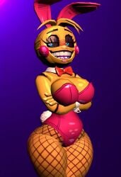 3d ai_generated animatronic black_eyeshadow black_sclera blue_eyes bunny_ears bunny_girl chica_(fnaf) cleavage crossed_arms eyelashes female fishnet_legwear fishnets five_nights_at_freddy's five_nights_at_freddy's_2 fnaf grin joints leotard retro_toy_chica robot scottgames smile solo solo_female toy_chica_(fnaf)