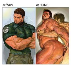 123456dyom 2boys absurdres anal ass bara black_hair brown_hair brown_pants chris_redfield completely_nude crossed_arms english_text facial_hair forearms gay gay_sex grabbing green_shirt hairy highres huge_ass large_pectorals leon_s._kennedy looking_at_another male_focus multiple_boys muscular muscular_male muscular_uke nude pants pectoral_grab pectorals resident_evil resident_evil_6 sex sex_from_behind shirt short_hair yaoi