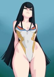 1girls adult_swim black_hair blue_eyes bluesalm0n female female_only fully_clothed kill_la_kill kiryuuin_satsuki looking_at_viewer looking_down one-piece_swimsuit pov solo swimsuit swimwear toonami