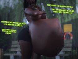 1girls 3d ambiguous_prey belly belly_bulge big_belly big_belly_bulge big_breasts black_hair breasts covering_breasts dark-skinned_female dark_skin diskdata female_pred milf milf_pred oral_vore original original_character partially_nude same_size_vore soft_vore squirming squirming_gut topless topless_female underboob vore vore_belly