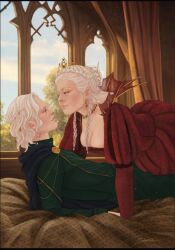 1boy1girl a_song_of_ice_and_fire aegon_ii_targaryen age_difference artist_request bedroom braids brother_and_sister cheating_husband cleavage cleavage_overflow clothed dress femdom fully_clothed half_siblings house_of_the_dragon imminent_sex incest king long_sleeves milf necklace queen rhaenyra_targaryen seductive_look straddling tiara woman_on_top
