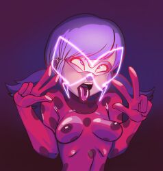 ahe_gao bangs blue_hair bodysuit boxman corruption crossed_eyes double_v erect_nipples erect_nipples_under_clothes eye_roll female_only femsub glowing magic marinette_dupain-cheng mask miraculous_ladybug open_mouth short_hair simple_background solo super_hero tight_clothing tongue tongue_out twintails v