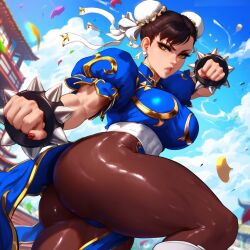 ai_generated cameltoe chun-li covered_nipples fight fist huge_ass klausherbert looking_at_viewer muscular_female outdoors outside street_fighter street_fighter_v thick_thighs wide_hips