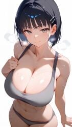 ai_generated asian asian_female athletic_female bare_legs big_breasts black_hair fit fit_female grey_eyes gym_clothes gym_uniform huge_breasts kirigaya_suguha large_breasts light-skinned_female light_skin looking_at_viewer mako_(artist) muscular_female short_hair smiling solo_female squatting sweat sweatdrop sword_art_online thick_thighs thighs voluptuous voluptuous_female