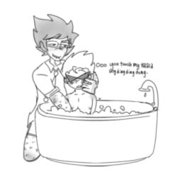 alpha_john_egbert bath bathing bathtub black_hair black_hair_male blonde_hair blonde_hair_male body_hair bro_strider clothed clothed_male dirk_strider drawingwithmyd glasses hair homestuck john_egbert male male_focus nude nude_male shades short_hair short_hair_male spiky_hair sunglasses tie