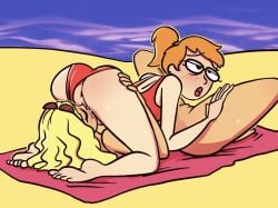 2girls 69 69_position auburn_hair blonde_hair breasts campcunnilingus charlie's_girlfriend_(smiling_friends) cleavage glasses lesbian_sex light-skinned_female light_skin marge_simpson_(smiling_friends) multiple_girls sex_on_the_beach smiling_friends swimwear yuri zoey_(smiling_friends)