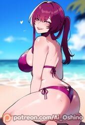 ai_generated beach beach_towel bikini female from_behind highres honkai:_star_rail honkai_(series) hoshino_ai_(generated) kafka_(honkai:_star_rail) kneeling large_breasts looking_at_viewer milf mommy naked naughty_face ponytail portrait purple_hair thick_ass thick_thighs upper_body wet
