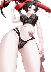 1girls bra crescent_rose female female_only human panties ruby_rose rwby scythe solo tagme underwear weapon