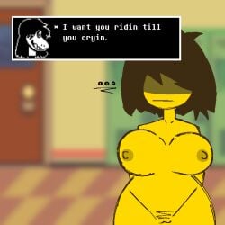 2girls big_breasts breasts brown_hair deltarune female female_only kris_(deltarune) kris_female_(deltarune) multiple_girls naked_female pubic_hair public_nudity susie_(deltarune) thick_legs yellow_skin