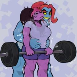 2023 2girls blue_body blue_eyes booty_shorts brown_hair deadlift deltarune female female_focus female_only fish_girl gym gym_uniform high_resolution latchk3y lifting monster_girl muscular_female no_text ponytail purple_body red_hair scalie scalie_female strong_woman strongfat susie_(deltarune) sweating tagme textless tomboy training undertale undertale_(series) undyne weightlifting working_out yellow_sclera