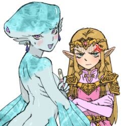 2d_(artwork) 2girls amlogamer angry angry_face ass_cleavage blush female female_only fish_girl multiple_girls naked pantsu_ripper pregnancy_test pregnant princess_ruto princess_zelda purple_eyes the_legend_of_zelda the_legend_of_zelda:_ocarina_of_time zelda_(ocarina_of_time) zora