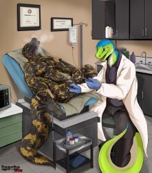 2boys 4_fingers 4_toes animal_genitalia animal_penis anthro apache_(artist) bottomwear bulge clothed clothing coat digital_media_(artwork) doctor doctor&#039;s_coat doctor&#039;s_office duo erection erection_under_clothing feet fingering fingers furniture gecko genitals gila_monster gloves green_body heart_monitor helodermatid holding_object inside intravenous jameson_the_gila jomagaher lizard looking_pleasured lying male male/male male_penetrated male_penetrating male_penetrating_male medical_instrument monitor nude on_back open_mouth pants patient penetration penis reptile scales scalie scientific_instrument sex shirt sitting slit_fingering slit_penetration slit_play smile soles spread_legs spreading syringe tail teeth toes topwear underwear