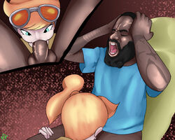 1boy 1girls beard big_penis bottomless brown_background brown_hair closed_eyes clothed coat dark-skinned_male death_grips fellatio female glasses green_eyes hand_on_head hand_on_leg hands_on_head human human_only interracial jarnqk male mc_ride meme nintendo open_mouth oral orange_hair parody penis pokemon pokemon_ss ponytail shirt short_hair sitting sonia_(pokemon) straight sunglasses tattoo teeth text tongue watermark