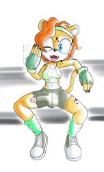 anthro blue_eyes breasts bulge cheetah clothed clothing fan_character felid feline fours_(artist) furry genitals gynomorph hair hi_res intersex mammal orange_hair penis sega sitting solo sonic_(series) sonic_the_hedgehog_(series) stacey_the_cheetah wardrobe_malfunction yellow_body