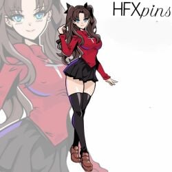 1girls brown_hair cross fate_(series) female female_only hfxpins human red_shirt skirt solo tohsaka_rin