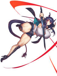 1girls arknights big_breasts blue_hair bouncing_breasts breasts button-up button_gap ch'en_(arknights) cleavage curvy dragon_girl dragon_tail female female_focus high_heels horns huge_breasts melon22 midair muscular_thighs red_eyes short_shorts shorts sideboob solo solo_female solo_focus sword tail thick_thighs thighs weapon