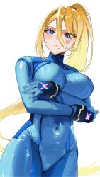 1girls absurdres anger_vein blonde_hair blue_bodysuit blue_eyes blue_gloves blush bodysuit breasts covered_navel crossed_arms eyelashes female from_below gloves hair_between_eyes high_ponytail highres large_breasts long_hair looking_at_viewer metroid mole mole_under_mouth nintendo parted_lips samus_aran simple_background skin_tight solo standing white_background yasaikakiage zero_suit_samus